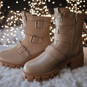 Stylish Unisex Beige Women's Leather Combat Boots with Buckles